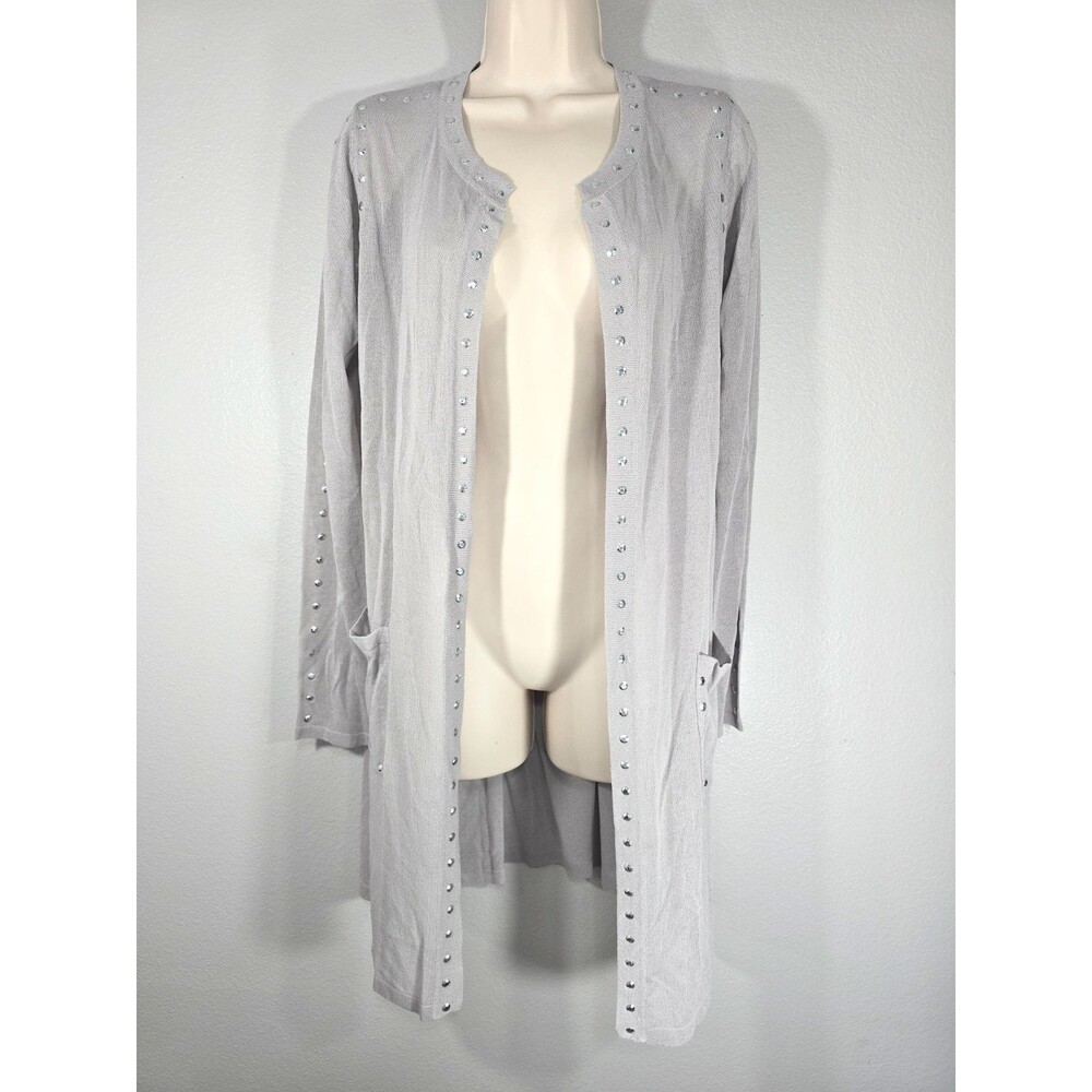 Pamela McCoy Silver Studded Open Front Longline Cardigan pockets Size XS Chic AB
